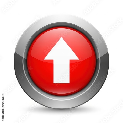 Bright red button with white up arrow, symbolizing progress and growth