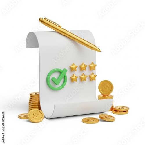 Excellent feedback with stars, checkmark, and gold coins on white background