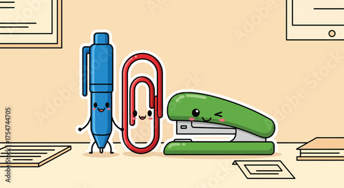 Happy pen, paperclip, and stapler smile together on a desk in a bright office, creating a cheerful and whimsical workspace scene.
