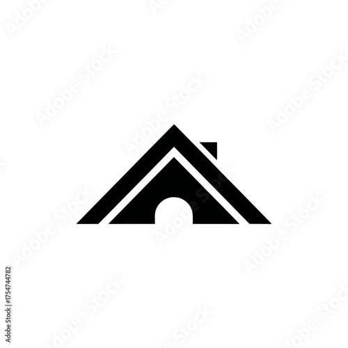 Abstract minimalist house roof icon with archway and chimney, symbolizing home, real estate, property, architecture, and shelter.