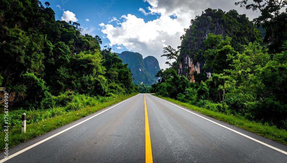 Fototapeta premium Long road stretches through dense green jungle leading to rocky cliffs under a partly cloudy blue sky