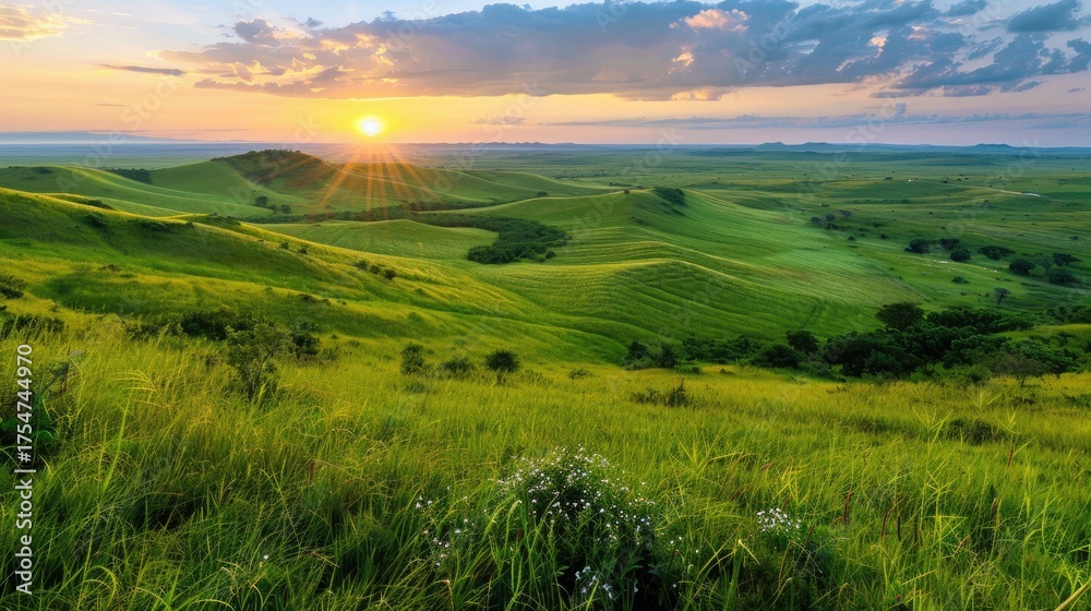 Fototapeta premium Serene Sunrise Over Lush Green Hills with Vibrant Sky and Beautiful Landscape in Rural Setting