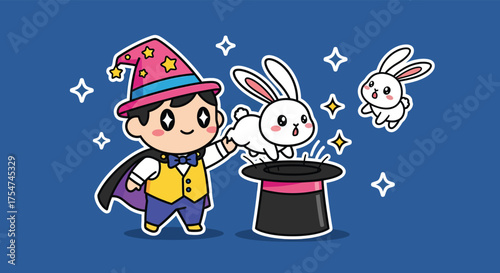 Cute magician pulls white rabbits from a black top hat with stars sparkling in a whimsical, magical scene.