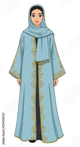 Beautiful illustration of a woman in traditional Islamic clothing, featuring a light blue abaya with gold embroidery