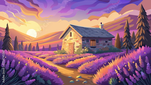 Stone cabin in lavender fields under golden evening light, purple flowers stretching to horizon, bees flying around, peaceful summer countryside