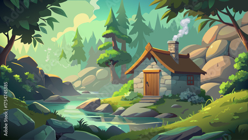 Small stone cabin near hot springs with rising steam, surrounded by mossy rocks and green vegetation, soft morning mist and warm light over water