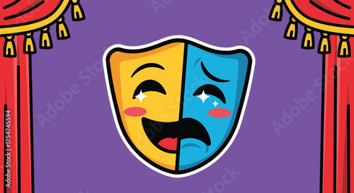 Comedy tragedy mask smiling and crying on stage with red curtains representing theatrical performance and emotional expression.