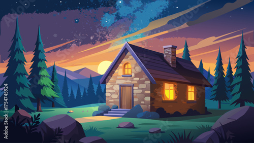 Stone cabin under starry night sky, surrounded by grass fields and pine trees, warm light from windows, Milky Way glowing above, peaceful night scene