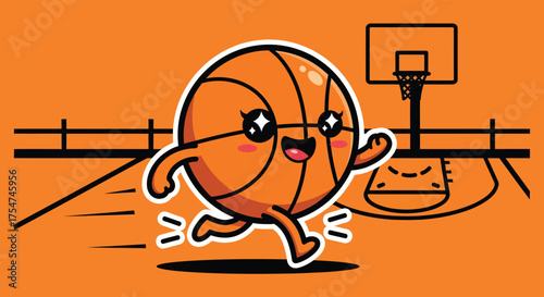 Cartoon basketball running on the court with a happy expression, showcasing fun and energy in a playful style.