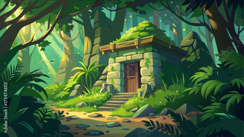 Ancient stone cabin hidden in dense rainforest, overgrown with vines and moss, sunlight filtering through canopy, tropical wildlife nearby and mystery in the air
