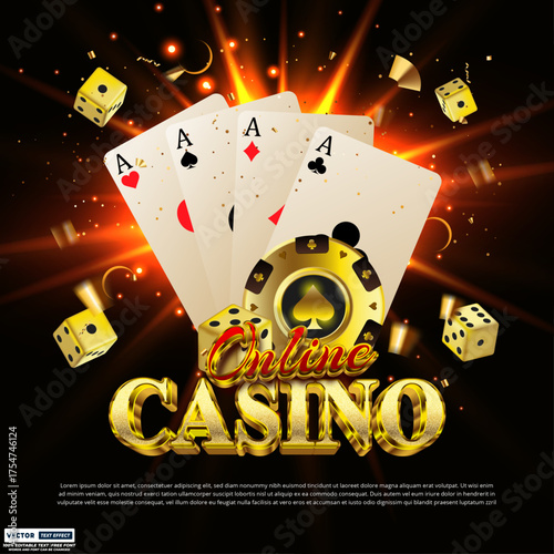 Online casino 3d editable vector text effect template. Editable 3d golden vegas typography design with playing cards, dice and light glow vector. 