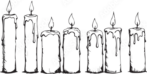 Seven lit candles vector in black and white with dripping wax for remembrance, warmth, and celebration themes