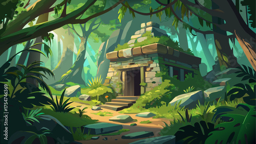 Ancient stone cabin hidden in dense rainforest, overgrown with vines and moss, sunlight filtering through canopy, tropical wildlife nearby and mystery in the air
