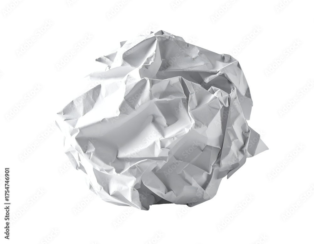 Obraz premium Crumpled white paper ball with sharp creases and abstract wrinkles, clean studio lighting and strong texture on isolated background