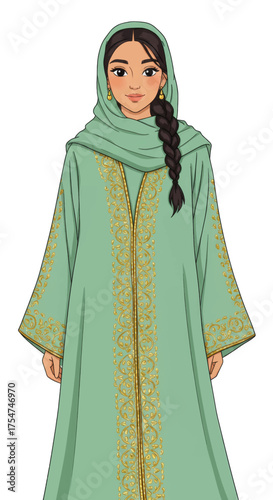 Elegant young woman in traditional modest attire, a flowing mint green abaya with intricate golden embroidery, a braided hairstyle, and a headscarf, vector illustration
