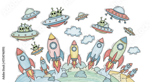 Whimsical illustration of rockets launching from Earth, alongside hovering UFOs and aliens.