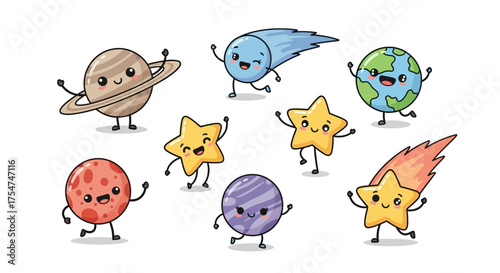 Whimsical cartoon illustration of various planets, stars, and a comet, all with cheerful expressions and arms raised.