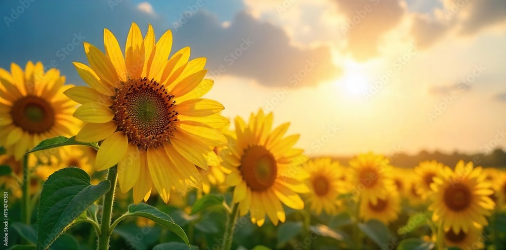 Obraz premium Sunflowers Basking in Golden Hour Sunlight A Breathtaking Display of Natures Beauty