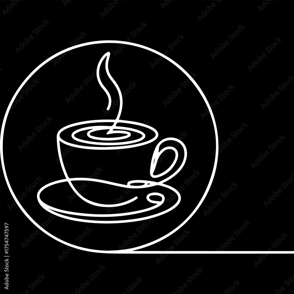 Obraz premium Continuous one line drawing of a hot coffee cup with steam in a circle on a black background. Minimalist vector art