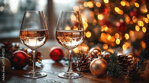 Living Room White Wine Glasses with Christmas Decor, Natural Light Wide Shot

