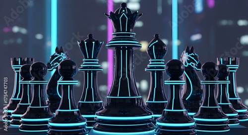 Modern Chess Set in Neon Lighting: A Blend of Strategy and Design