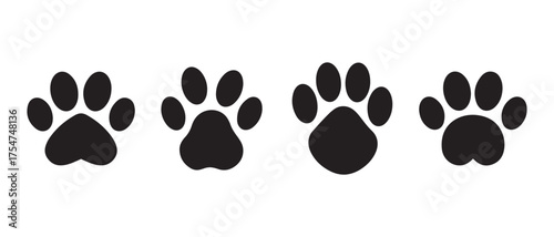 Dog Paw Print Silhouette Set. Vector Icons of Pet Footprints in Horizontal Alignment.