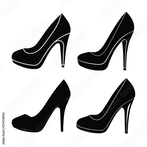 Collection of four elegant black silhouette high heel shoes on a white background fashion footwear