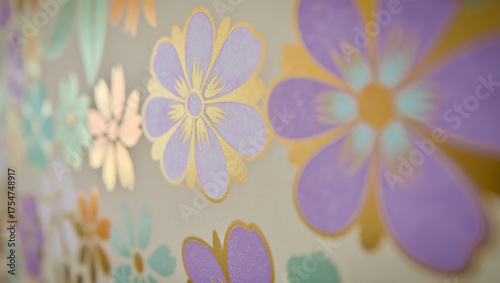 Close-up of floral pattern details on wallpaper, with a bokeh effect