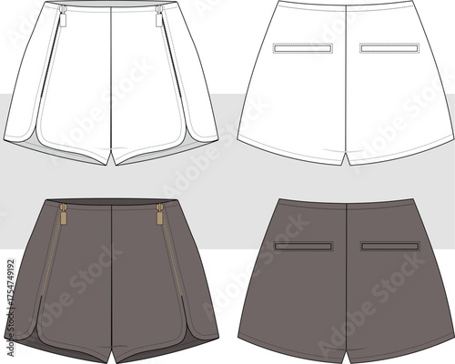 Women's high waist shorts, zipper detailed fashion drawing, flat sketch, illustration. Front and back view, vector. Cad, Mockup.