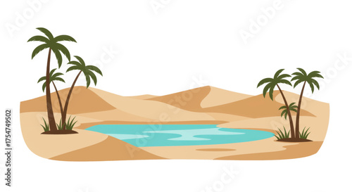 Desert oasis with palm trees and a clear blue pool of water