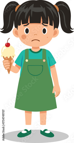 Sad little girl holding ice cream cone, unhappy child with dessert, feeling disappointed or upset, emotional expression illustration concept