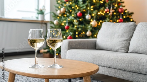 Living Room White Wine Glasses with Christmas Decor, Natural Light Wide Shot
