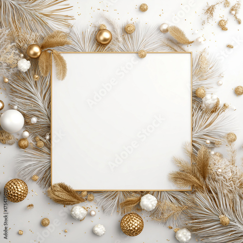 Composición festiva con marco decorativo dorado y blanco, ideal para diseño gráfico y contenido estacional.Elementos dorados y plateados en forma de marco, centro vacío sobre fondo claro y simétrico.