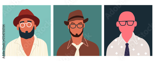 Abstract man portraits set. Faceless male character. Person poster, head avatar, hand drawn vector illustration.