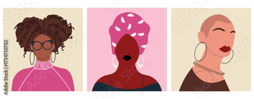 Abstract woman portraits set. Faceless female character. Person poster, head avatar, hand drawn vector illustration.