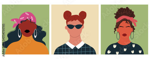 Abstract woman portraits set. Faceless female character. Person poster, head avatar, hand drawn vector illustration.