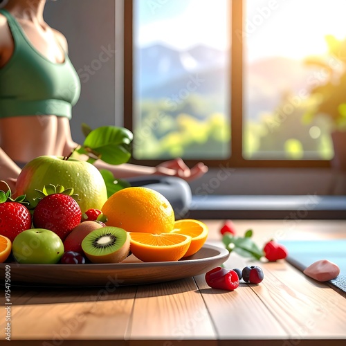 Woman meditating with fresh fruit