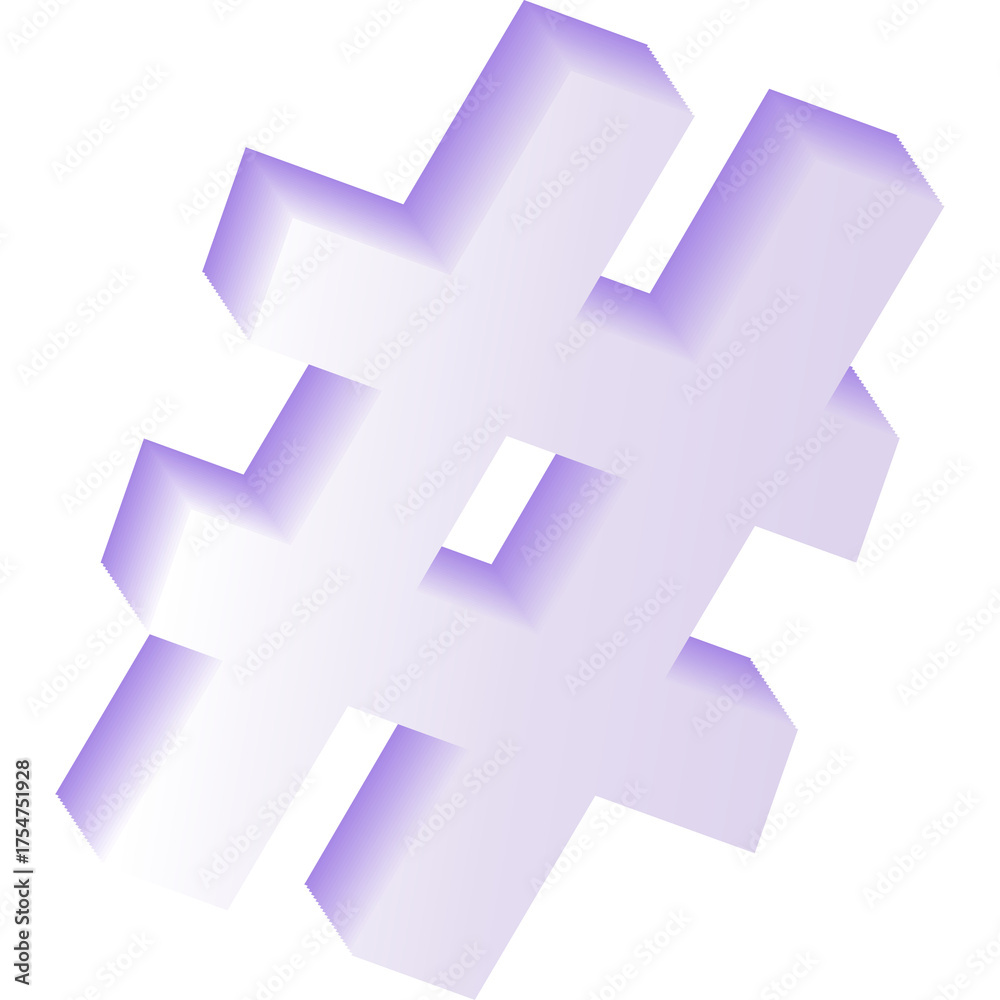 Fototapeta premium Three Dimensional Purple Hashtag Symbol Over White Background With Subtle Gradient Lighting Creating Depth And A Modern Feel