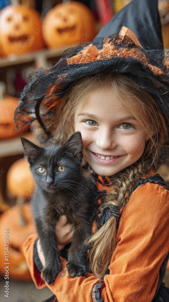 Obraz premium Young Caucasian girl in a witch costume holds a small black kitten. Halloween pumpkins are visible in the background, creating a festive atmosphere.