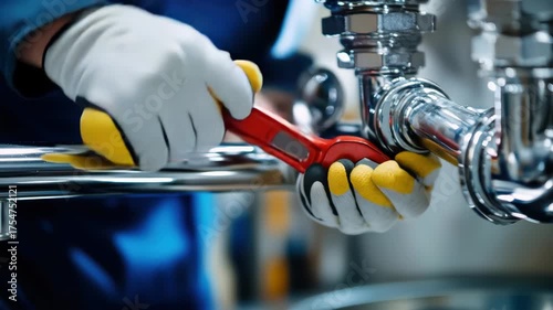 Closeup of a plumber wearing gloves using a wrench to tighten a pipe fitting on a chrome pipe, emphasizing repair and maintenance work 4k video
