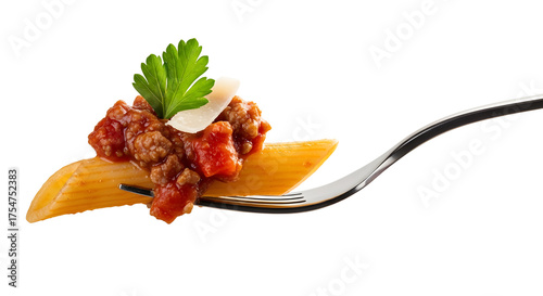 Delicious bite of penne pasta with ragu sauce and parmesan cheese on a fork. isolated PNG with Transparent Background