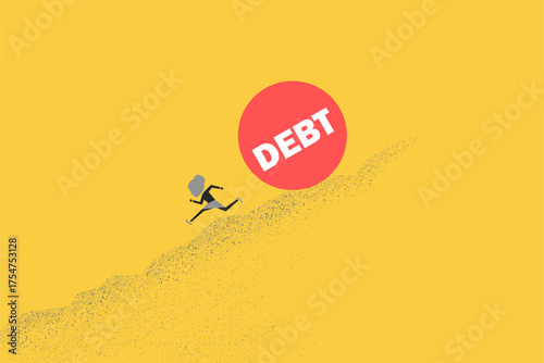 Business woman runs away from a large debt down the hill. financial problems, debt, tax, and bill