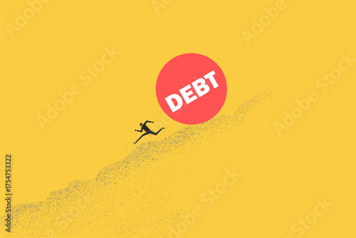 Businessman runs away from a large debt down the hill. financial problems, debt, tax, and bill