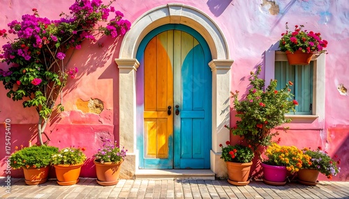 Vibrant, colorful facade with blooming flowers and a two-tone wooden door in a European setting