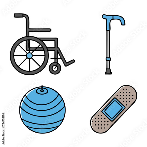 Illustration showing a wheelchair, walking cane, exercise ball, and bandage, representing mobility aids and healthcare.