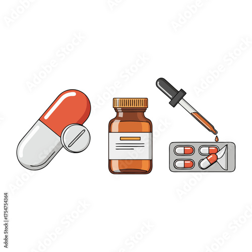 Illustration of a pill, bottle, and dropper with blister pack, representing medication and healthcare.