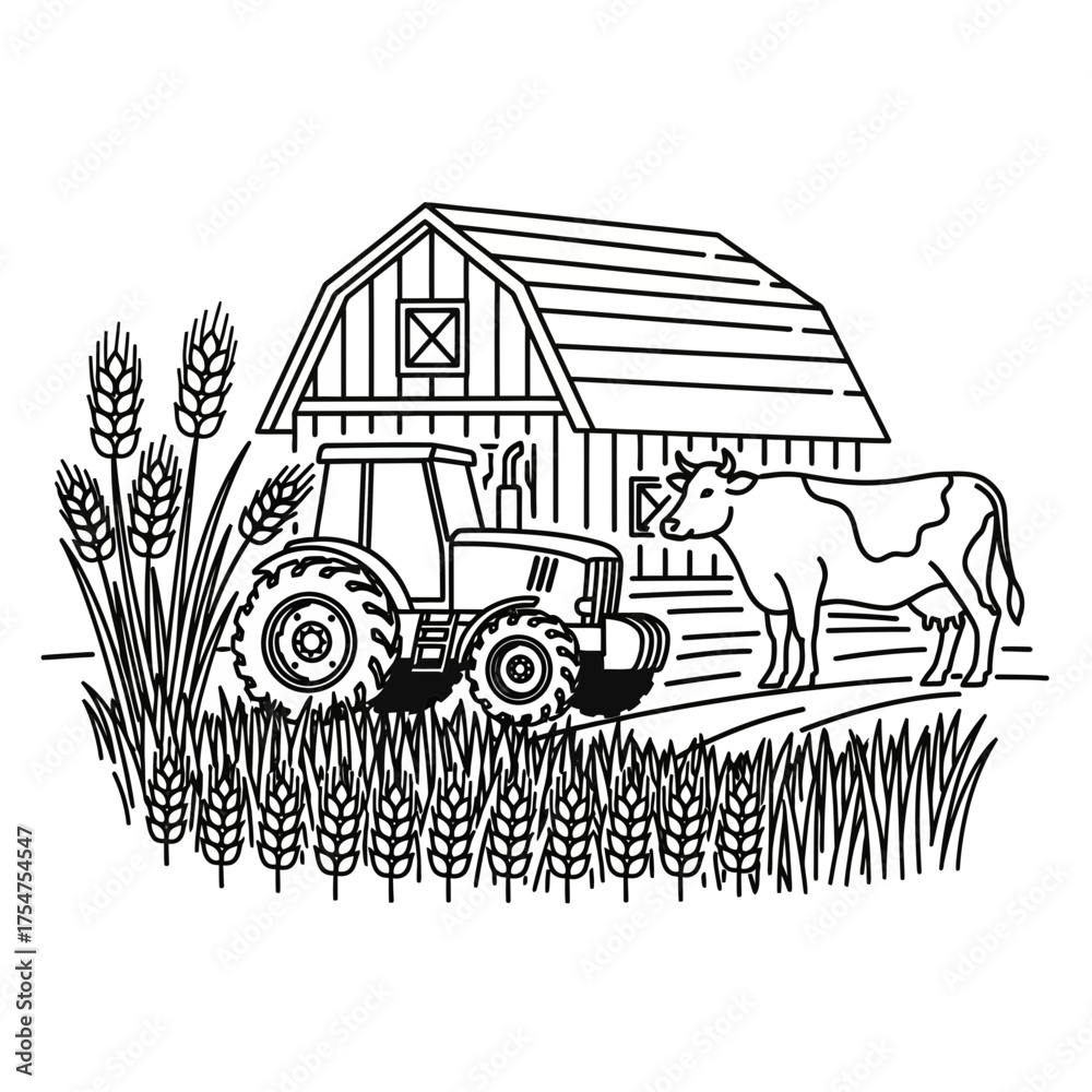 Fototapeta premium Farm tractor plowing field near rural building sketch illustration