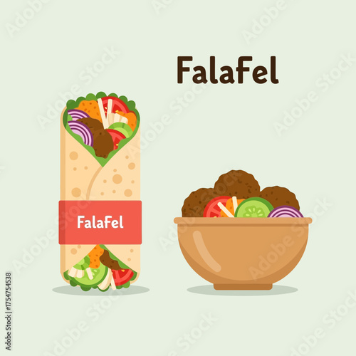 Falafel wrap and bowl illustration on light background