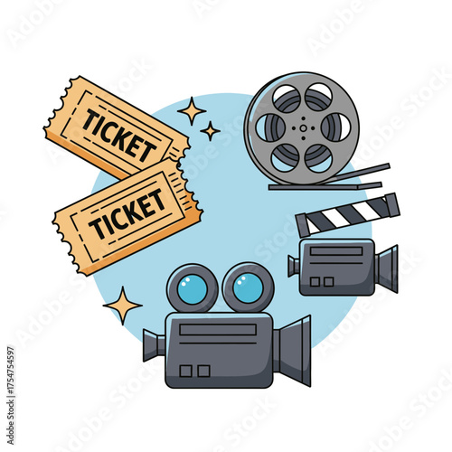 Film iconography vector illustration with ticket stubs and movie reel