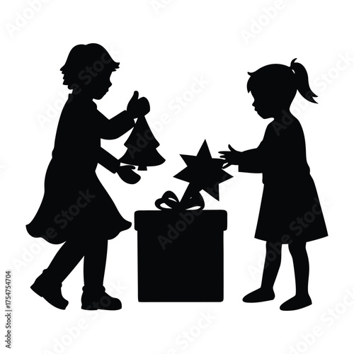 Children opening Christmas presents vector silhouette illustration 